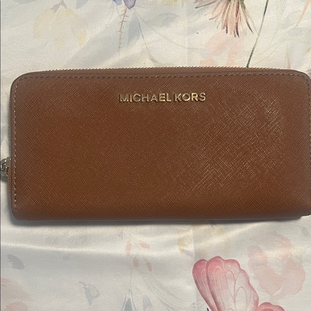 Michael Kors Tan Zip-Around Saffiano Wallet with Gold Logo